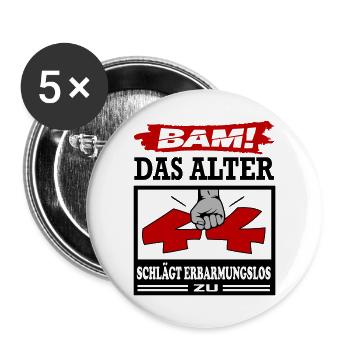 Geburtstag 44 Bam Boom Bombe Das Alter schlägt zu - Buttons groß 56 mm (5er Pack) - Weiß - Vorne