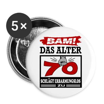 Geburtstag 70 Bam Boom Bombe Das Alter schlägt zu - Buttons groß 56 mm (5er Pack) - Weiß - Vorne