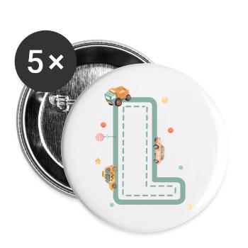 Buchstabe l Fahrzeug - personalisiertes Kindergeschenk - Buttons groß 56 mm (5er Pack) - Weiß - Vorne