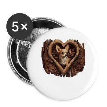 Chihuahua | Niedlicher Hund Welpe Natur Holz Herz - Buttons groß 56 mm (5er Pack) - Weiß - Vorne