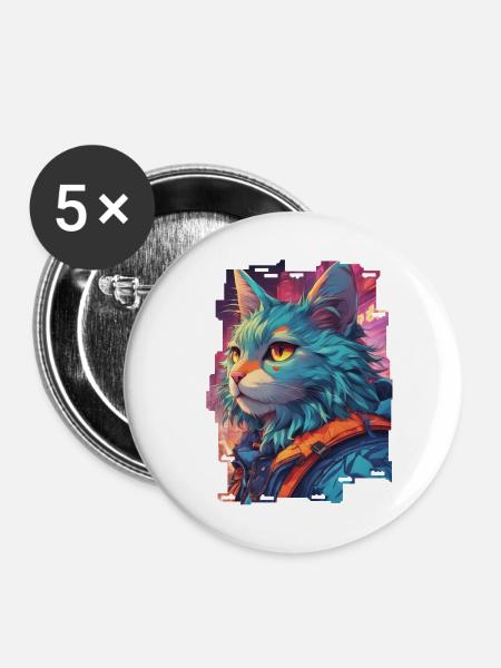 ChromePurr // Cyberpunk Cat - Buttons groß 56 mm (5er Pack) - Weiß