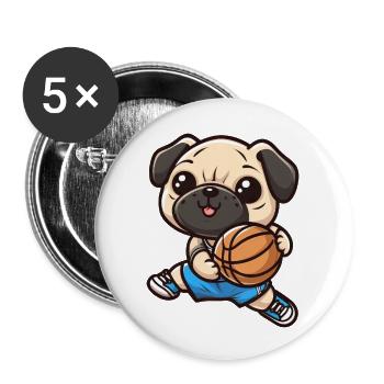 Sportlicher Mops: Ein Hunde-Basketballspieler - Buttons groß 56 mm (5er Pack) - Weiß - Vorne
