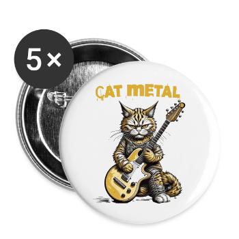 Katze spielt Heavy Metal, Katzenmetall - Buttons groß 56 mm (5er Pack) - Weiß - Vorne