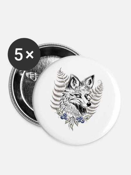 Fuchs mit Farn und Blaubeeren - Buttons groß 56 mm (5er Pack) - Weiß