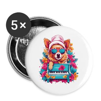 Chien avec piano - Lot de 5 grands badges (56 mm) - blanc - Devant
