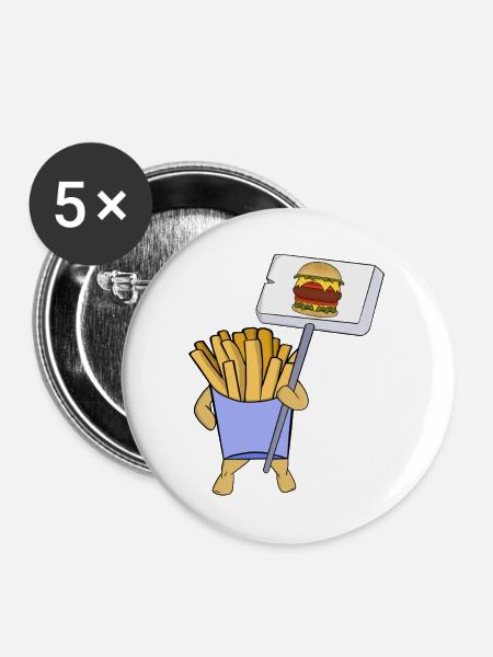 Pommes frites protestieren für Hamburger - Buttons groß 56 mm (5er Pack) - Weiß