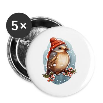Vogel im Winter mit Mütze - Buttons groß 56 mm (5er Pack) - Weiß - Vorne