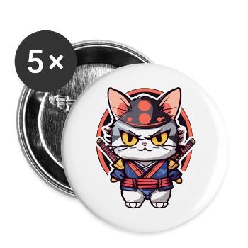 Samurai-Katze #3 - Buttons groß 56 mm (5er Pack) - Weiß - Vorne