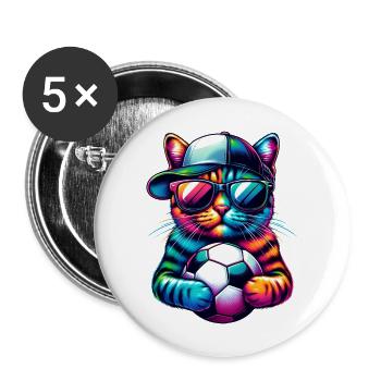 Bunte Fußballkatze bereit für das Spiel! - Fußball Kunst - Buttons groß 56 mm (5er Pack) - Weiß - Vorne