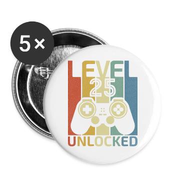 Level 25 freigeschaltet Lustiger Videospieler 25. Geburtstag - Buttons groß 56 mm (5er Pack) - Weiß - Vorne
