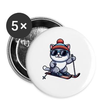 British Shorthair Katze beim Skifahren Winter - Buttons groß 56 mm (5er Pack) - Weiß - Vorne