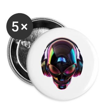 Schwarzer Alien-Kopf mit Kopfhörern - Buttons groß 56 mm (5er Pack) - Weiß - Vorne