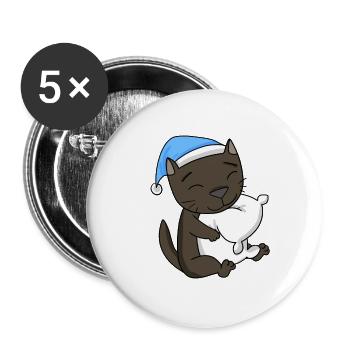 Dormir fatigué - Chat avec oreiller et bonnet somnolent - Lot de 5 grands badges (56 mm) - blanc - Devant