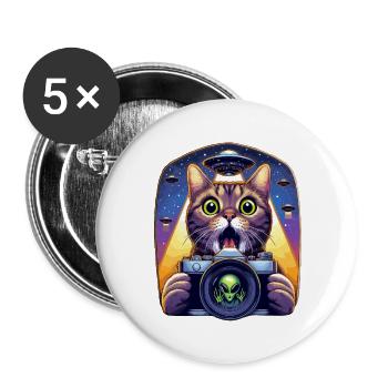 Drôle de chat effrayé avec OVNI Alien Attack 3D effet - Lot de 5 grands badges (56 mm) - blanc - Devant