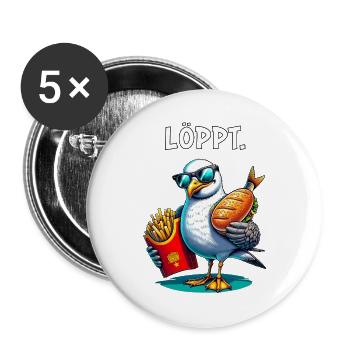 LÖPPT Möwe – Pommes & Fischbrötchen Cartoon - Buttons groß 56 mm (5er Pack) - Weiß - Vorne