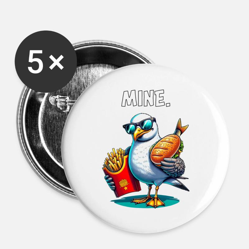 Freche Möwe mit Pommes & Fischbrötchen – MINE - Buttons groß 56 mm (5er Pack) - Weiß