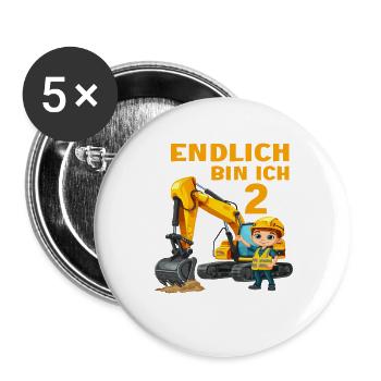 2 Geburtstag Baggerfahrer Bagger Bauarbeiter - Buttons groß 56 mm (5er Pack) - Weiß - Vorne