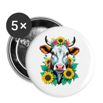 Kuh mit Sonnenblumen - Buttons groß 56 mm (5er Pack) - Weiß - Vorne