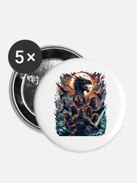 Drachenkrieger Epische Schlacht - Buttons groß 56 mm (5er Pack) - Weiß