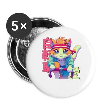 Radfahrender Anime Katze Neko - Buttons groß 56 mm (5er Pack) - Weiß - Vorne