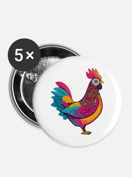 Niedliche und bunte Henne - Buttons groß 56 mm (5er Pack) - Weiß