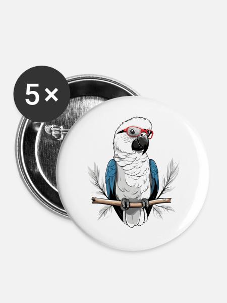 Papagei mit Brille - Buttons groß 56 mm (5er Pack) - Weiß