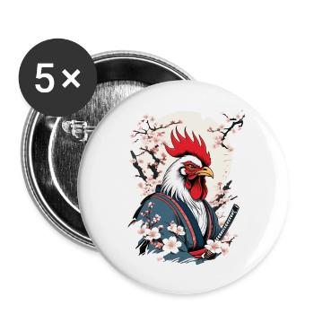 Vintage Hahn Samurai Ukiyo-E Style Design - Buttons groß 56 mm (5er Pack) - Weiß - Vorne