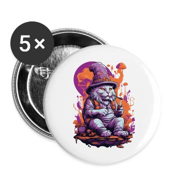 Psychedelic Art Wald Pilze Goa Trance Katze - Buttons groß 56 mm (5er Pack) - Weiß - Vorne