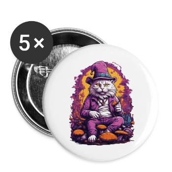 Katze Psychedelic Art Musik Festival Wald Pilze - Buttons groß 56 mm (5er Pack) - Weiß - Vorne
