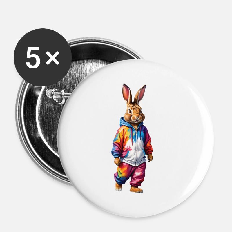 Lapin de Pâques coloré, mignon et mignon pour Pâques - Lot de 5 grands badges (56 mm) - blanc