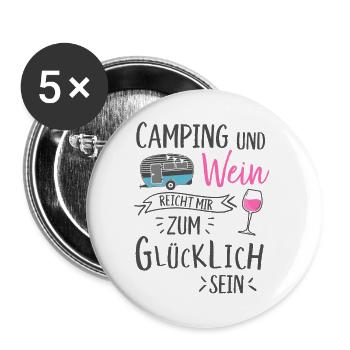 Camping und Wein Wohnwagen Camper Campingplatz - Buttons groß 56 mm (5er Pack) - Weiß - Vorne