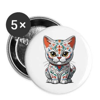 Ikonischer Zuckerschädel Katze Mexikanischer - Buttons groß 56 mm (5er Pack) - Weiß - Vorne
