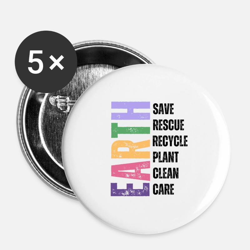 Earth Action: Save, Rescue, Recycle, Plant, Clean - Buttons large 2.2''/56 mm (5-pack) - white