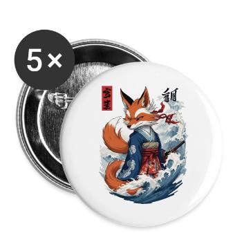 Ukiyo-E Samurai Fox Japanese Kitsune Mask - Buttons large 2.2''/56 mm (5-pack) - white - Front