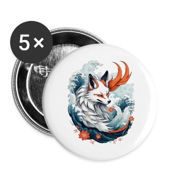 Japanische Kitsune Fuchs Anime Kawaii Fuchsgeist - Buttons groß 56 mm (5er Pack) - Weiß - Vorne