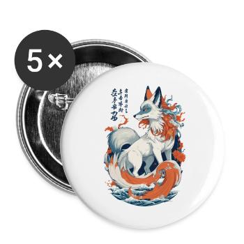 Vintage Ukiyo-E Kunst Japanische Kitsune Fuchs - Buttons groß 56 mm (5er Pack) - Weiß - Vorne