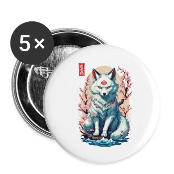 Conception esthétique du masque Kitsune et des fleurs de cerisier - Lot de 5 grands badges (56 mm) - blanc - Devant