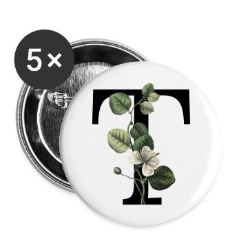 lettre T botanique vert - Lot de 5 grands badges (56 mm) - blanc - Devant