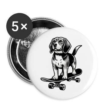 Beagle Hund Skateboard schwarz weiß Tattoo Stil - Buttons groß 56 mm (5er Pack) - Weiß - Vorne