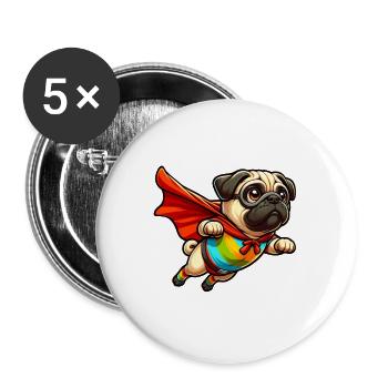 Superhelden-Mops - Buttons groß 56 mm (5er Pack) - Weiß - Vorne