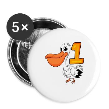 1 Jahr alt - Einschulung - Pelikan Motiv - Zahl 1 - Buttons groß 56 mm (5er Pack) - Weiß - Vorne