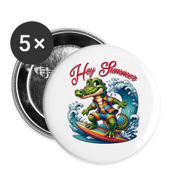 Krokodil auf Surfbrett lustiges surfendes Krokodil - Buttons groß 56 mm (5er Pack) - Weiß - Vorne