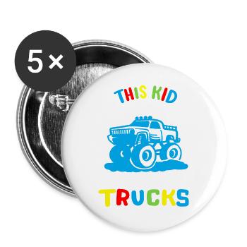 Monstertrucks für Kinder - Buttons groß 56 mm (5er Pack) - Weiß - Vorne