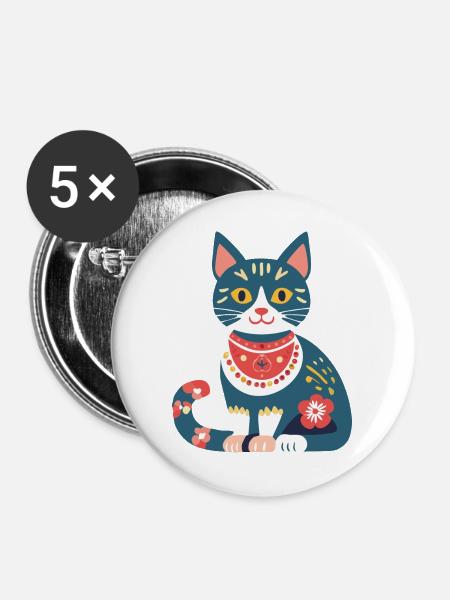 süße Folklore-Katze - Buttons groß 56 mm (5er Pack) - Weiß