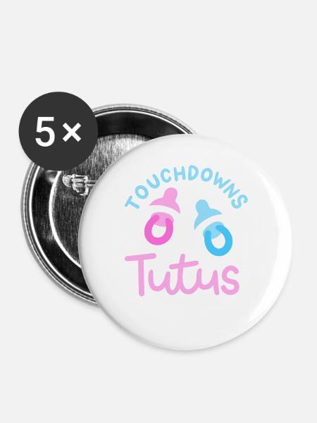 Touchdowns oder Tutus für Gender-Reveal-Partys - Buttons groß 56 mm (5er Pack) - Weiß