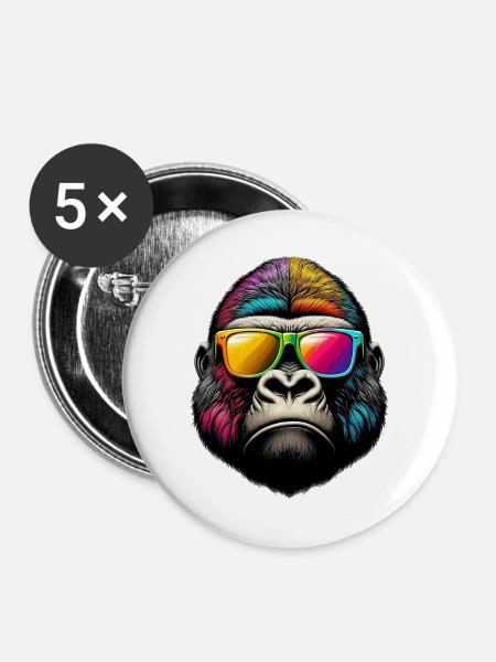 Gorillas mit Sonnenbrille - Buttons groß 56 mm (5er Pack) - Weiß