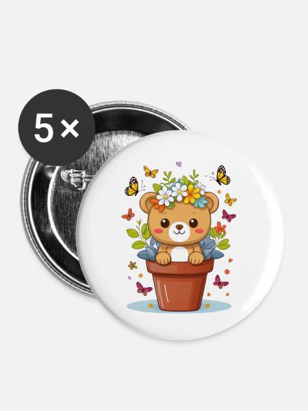 Niedlicher Teddy-Bär im Blumentopf - Buttons groß 56 mm (5er Pack) - Weiß