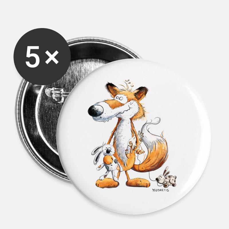 Fuchs Mit Spielzeug Hase Und Kuscheltier - Buttons groß 56 mm (5er Pack) - Weiß