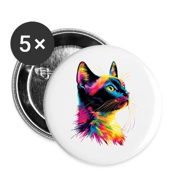 Katze Bunt Regenbogen Farben Popart Cat Mom Katzen - Buttons groß 56 mm (5er Pack) - Weiß - Vorne