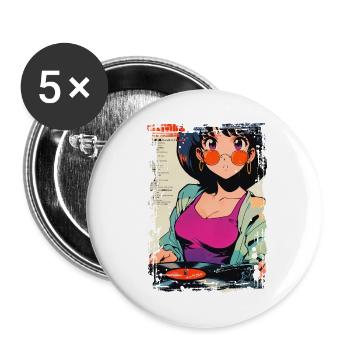 Anime DJ Mädchen mit Schallplatte - Buttons groß 56 mm (5er Pack) - Weiß - Vorne